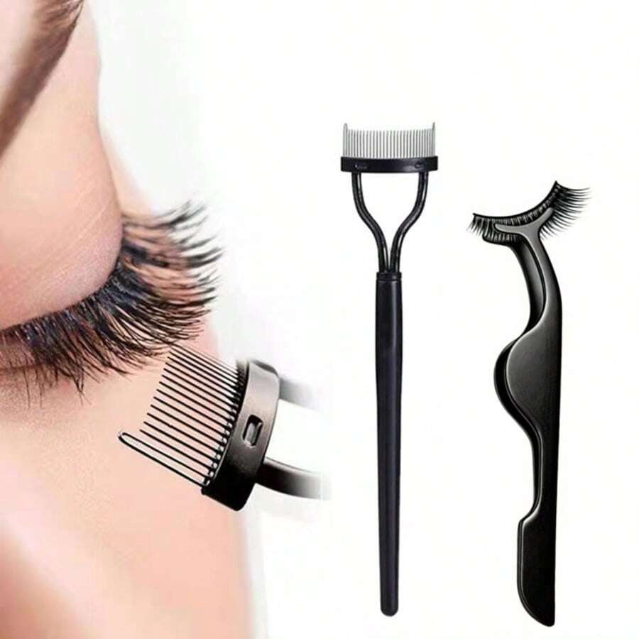 2pcs Eyelash Tweezers, False Eyelash Extension Tweezers, Eyelash Steel Comb, Women's False Eyelash Adhesive Tool Set - Black - View 1