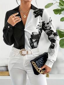 Women's Floral Print Front Twist Satin Blouse Black - Black - View 4