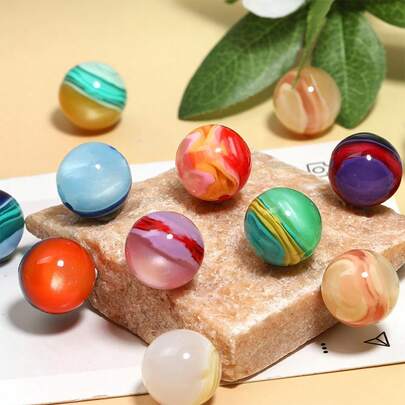 10pcs Colorful Striped Straight Hole Beads, 16mm Acrylic Round Beads, Suitable For DIY Phone Straps, Keychains, Bag Chains And Other Handicraft Accessories