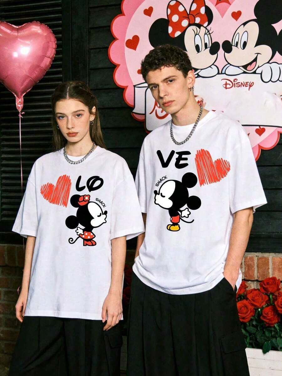 Disney 100% Cotton Comfortable Short-Sleeved Casual Couple's Heart-Printed T-Shirt - Áo thun nam - Xem 1
