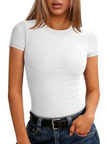 Playera Ajustada Blanca Manga Corta Cuello Redondo Básica Para Entrenamiento - Blanco - Ver 1