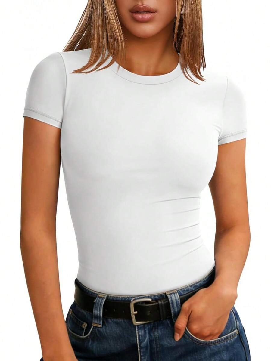 Playera Ajustada Blanca Manga Corta Cuello Redondo Básica Para Entrenamiento - Blanco - Ver 1