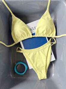 Women's Striped Bikini Set. Spaghetti Strap Design Highlights Neck And Shoulder Lines, Featuring Retro Striped Print. Vacation Beach Summer - Light Yellow - View 2