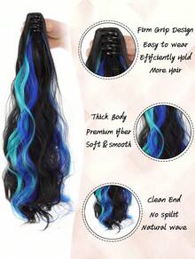 Extension de queue de cheval ondulée bouclée 18 pouces Noir/Bleu Lac/Bleu Marine, Douce & Aspect Naturel, Convient aux Femmes, Clips pour Cheveux, Pinces à Cheveux - reflets bleus - Voir 9