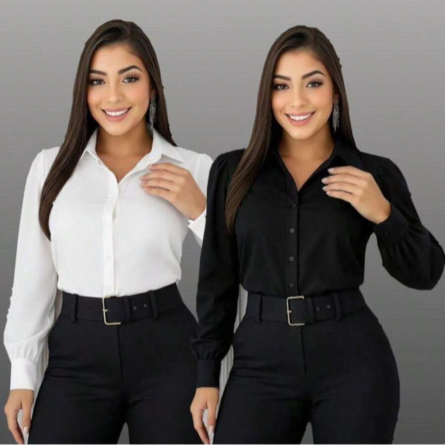 Set Of 2 Women's Fashionable Dress Shirts, One Of Each Color - BỘ 2 MÀU TRẮNG VÀ ĐEN MỘT MÀU - Xem 1