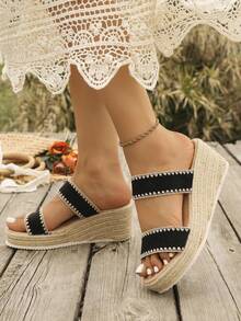 Women's Straw Wedge Rope Open Toe Slippers, Thick Sole Elevated Summer Outdoor Sandals - Black - View 6