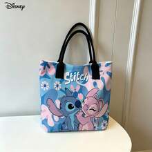 Miniso Disney Stitch & Angel Handheld & Shoulder Laptop Bag, Cute Floral Print Couple Shoulder Bag For Daily Use - Black - View 1