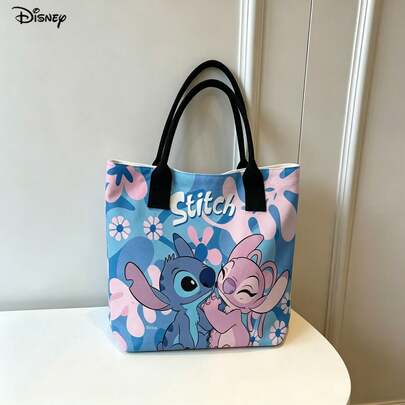 Miniso Disney Stitch & Angel Handheld & Shoulder Laptop Bag, Cute Floral Print Couple Shoulder Bag For Daily Use