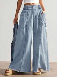 Pantalones Cargo Holgados para Mujer, Negro, Cintura Alta, Bolsillos Funcionales, Estilo Urbano y Casual - Azul - Ver 6