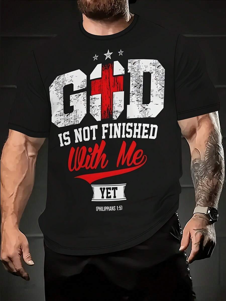 Camiseta Unisex con Mensaje Inspirado en Dios, Impresión 3D, Tela Cómoda, a la Moda, Talla Grande, Cuello Redondo Casual, Ligeramente Elástica, Dios Aún No Ha Terminado Mi Trabajo - Negro - Ver 1