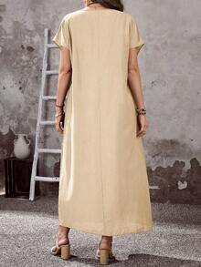 Vestido casual de primavera con cuello redondo, manga corta y bolsillo para mujer de talla grande - Negro - Ver 11