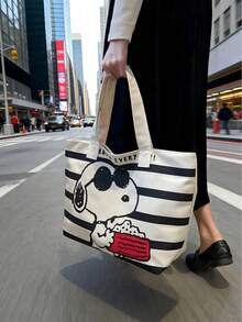 SNOOPY 1個史努比卡通多功能大容量托特包，適合購物、校園、旅行收納，亦可用作生日、情人節、派對禮物及開學用品學習帆布包補習包大容量學生書包開學季畢業季禮物文件收納 - 彩色 - 查看 4