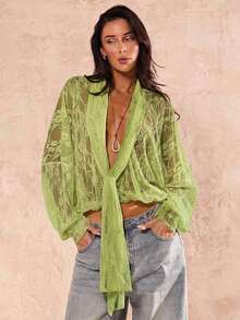 Blusa de gasa semi-transparente para mujer, con textura jacquard y diseño cruzado con lazo.Mangas anchas y tejido fluido, ideal para looks románticos y de fiesta. - Verde - Ver 6