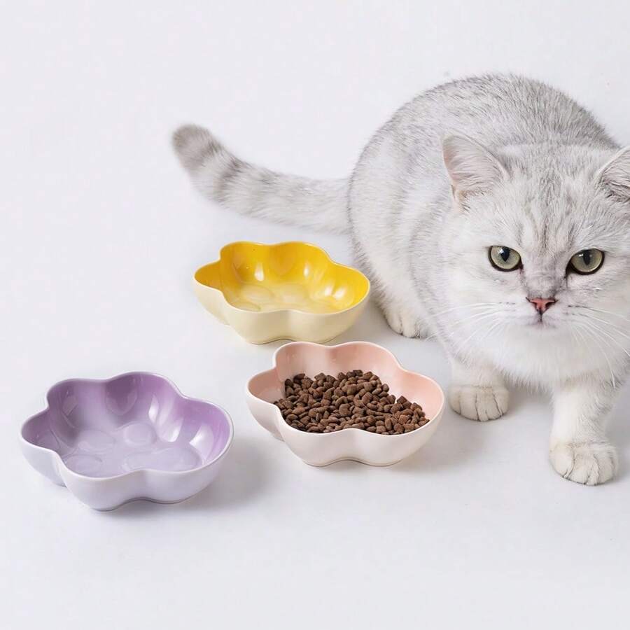 shuo ni mao yi 陶瓷宠物碗，猫狗粮碗，附赠硅胶勺，易于清洁，爪印造型陶瓷碗 - 400ml - 查看 1