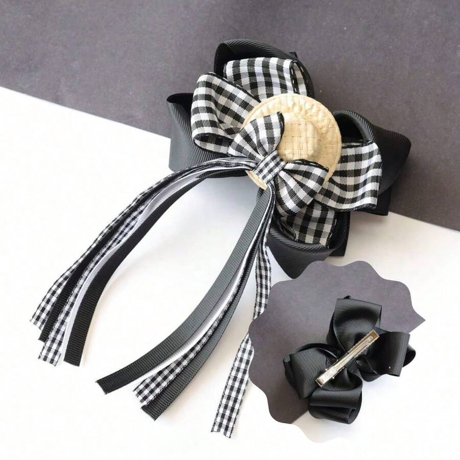 Children's Bow / Black Plaid Bow / AC Bow / With 2 In 1 Country Hat / Bow On Duckbill - màu đen - Xem 1