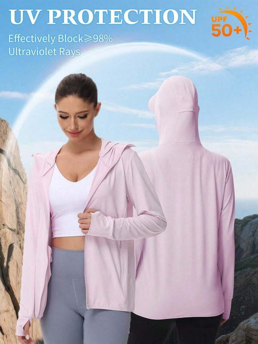 Chamarra de sol funcional premium para mujer verano 2026 con protección UPF 50+ completa capucha integrada manga larga con puños con orificio para pulgar cierre de cremallera frontal tela de seda de hielo ligera transpirable color rosa claro look versátil para actividades al aire libre pesca playa camping y uso diario en días soleados de temporada cálida - Rosa Pálido - Ver 1
