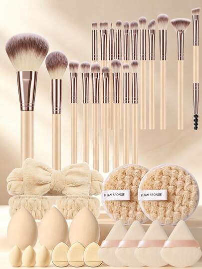 38Pcs One-Stop All Round Beauty Tool Kit, 20Pcs Fluffy Premium Makeup Brush Set, Multi Size Cosmetic Sponges, Mini Facial Sponges, Triangle Makeup Puffs, Mini Cushion Puffs, Elastic Headband, Non-Slip Wrist Straps And Facial Washing Sponges, Practical Daily Makeup Supplies (Professional Quality)