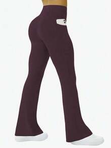 1pc Women Plus Size Flare Yoga Pants, Slimming Fashionable Workout High Waist Fitted Leggings With Pockets Spring - Coffee Brown - View 2