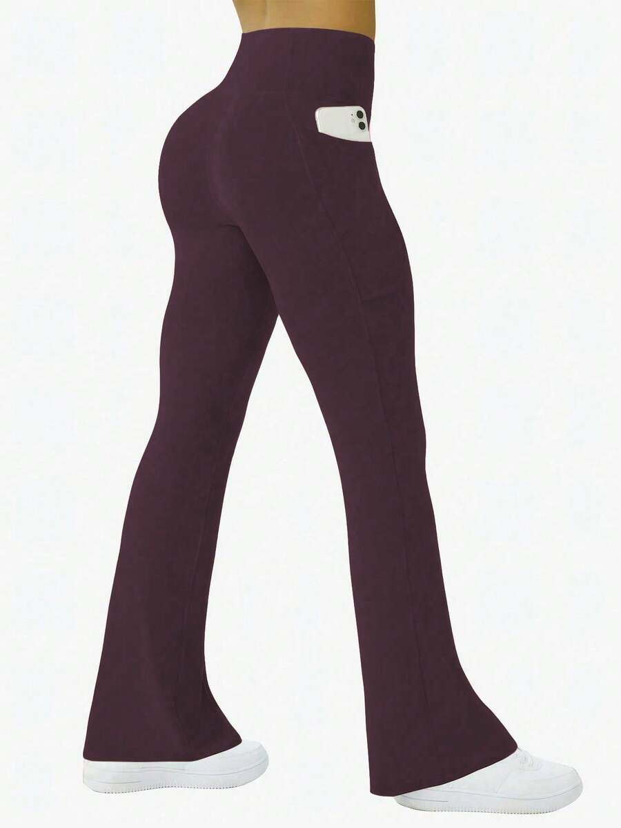 1pc Women Plus Size Flare Yoga Pants, Slimming Fashionable Workout High Waist Fitted Leggings With Pockets Spring