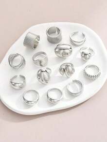 14pcs/2 Sets Fashion Minimalist Elegant Vintage Asymmetrical Geometric Thick Chunky Statement Cocktail Rings Set, Holiday Beach Party Date Everyday Wear - Bạc 3 - Xem 7