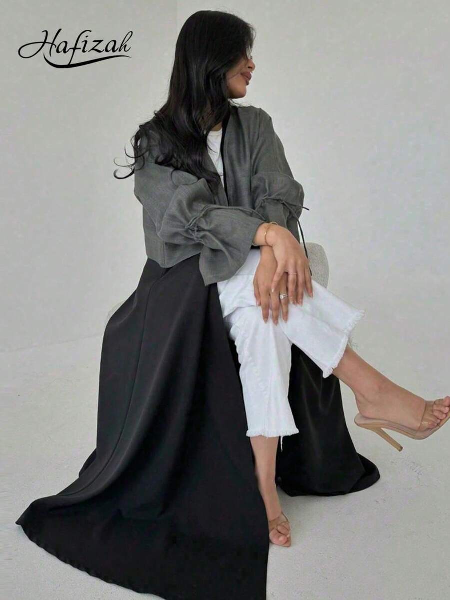 Hafizah Áo choàng dài phối màu dành cho nữ, trang nhã và thời trang cho mùa xuân. - Xám - Xem 1
