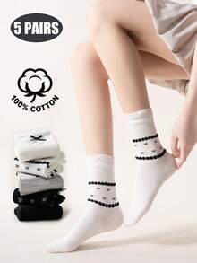 5 Pairs Women's Cotton Boat Socks, Cute Bow Striped Print, Casual Office School All-Season Comfortable Socks - Multicolor - View 13
