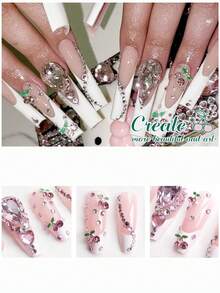 20pcs 3D Cherry Nail Decorations - Red & Pink Crystal Nail Gems With Green Leaves, Aluminum Alloy Fruit Nail Stickers, For Manicure, Nail Jewelry, Nail Art Supplies - Pink - View 2