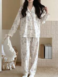 2 piezas Conjunto de pijama y bata con estampado de conejo lindo de manga larga con cuello, ropa de casa para primavera/verano - Albaricoque - Ver 6