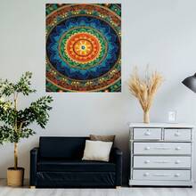 Arte de Pared Mandala Sagrado 2D Plano, 1 Pieza Grande en Turquesa Azul y Dorado con Marco - Gráfico de Energía de los 7 Chakras en Lienzo Natural, Decoración Espiritual para Meditación, Yoga y Estudio, Impresión de Equilibrio de Chakras para Decoración de Habitaciones de Meditación, Decoración - Enmarcado - Ver 5
