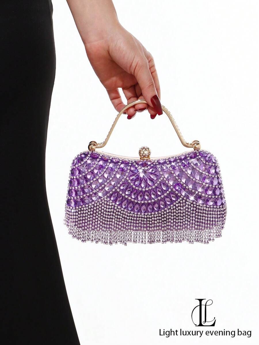 Damaftonväska, handväska med diamantkofsar och kuvertväska, gnistrande ädelstensdetaljer, lämplig för bröllop, fester, galor, högtidsgåvor, presenter till kvinnor, formella kläder - Violet - Visa 1