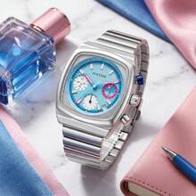 1pc Men's Classic Business Style, Fashionable Cushion-Shaped Square Case, Triple Chronograph Dial, Contrasting Crown Design, Suitable For Business Commute, Casual Wear, Retro Style Matching - one-size - View 5