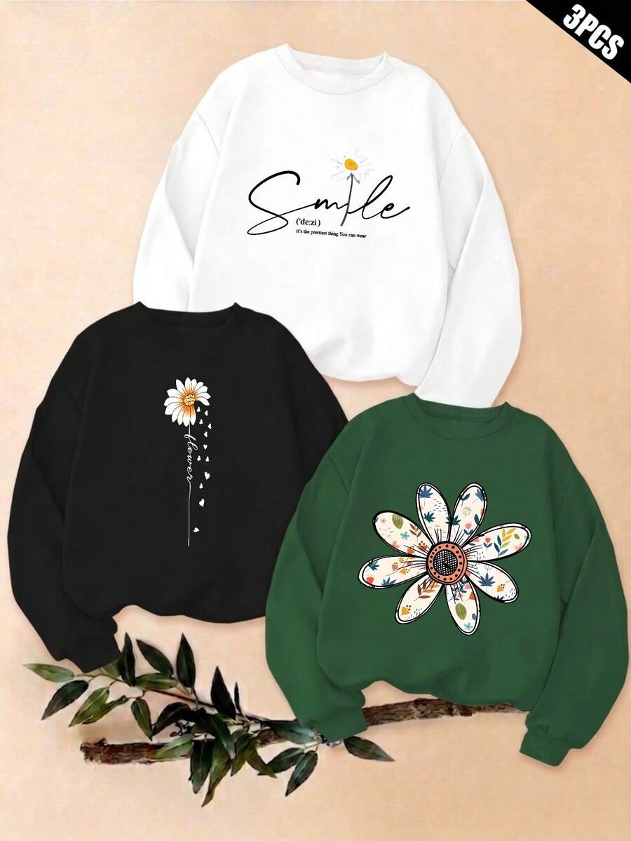Hoodie Three-Piece Set, Vacation Outfits For Women, Elegant Women's Set, Hoodie, Sets For Women's Sweatshirts Smile Flower Pattern Print Design Graphic T Shirts Streetwear Graphic Women's Sets, Tracksuits For Women, Tops For Women, Women's Summer - 三件套-A - 查看 1