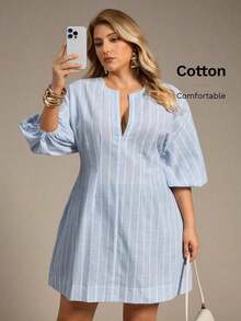 Auralis Vestido blanco para mujer de talla grande, vestido de manga media, atuendos de vacaciones para mujer, vestidos casuales para mujer, vestidos modestos para mujer, mini faldas, vestido para salir, vestido lindo/vestido de talla grande de cuello redondo y escote en V con manga abullonada/falda de línea A/ropa de oficina elegante/estilo seductor/ropa de alta gama para banquetes de talla grande, vestidos casuales de talla grande, vestidos de talla grande, ropa de talla grande para mujer, vestido de picnic de talla grande, vestido casual de talla grande para mujeres - Azul y blanco - Ver 12