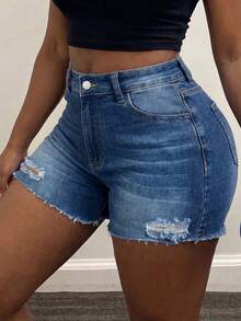 Chân váy ngắn denim rách gấu dáng ôm sát dành cho nữ, chất liệu co giãn cao, kiểu dáng thường ngày, thích hợp cho mùa hè. - Màu xanh lam - Xem 2