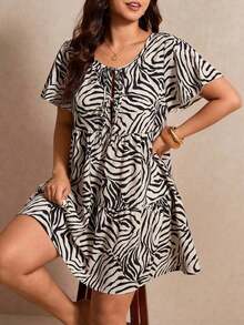 Elaquor Vestido mini de leopardo de talla grande, vestido corto de talla grande con cuello redondo y mangas con volantes, vestido acampanado con cintura recogida y lazo, vestido de línea A, vestido de cuello de muñeca, vestido de estampado animal de talla grande - Multicolor - Ver 6