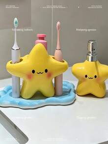 Large Star Smile Face Toothbrush Holder, Durable Countertop Storage Rack, Space-Saving Independent Organizer, Multi-Functional Bathroom Accessory, Suitable For Electric And Manual Toothbrushes, Creative Decor For Bathroom, Washroom, Bedroom, Daily Storage - Multicolor - View 2