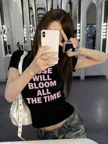 女款圓領短袖T恤，夏季新款字母印花，美式辣妹風，時尚休閒百搭修身短版上衣 - 高級黑 - 查看 2