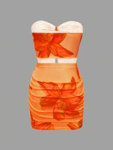 Women's Summer New Strapless Asymmetrical Hem Top And Ruched Skirt Sexy 2 Pieces Set, Suitable For Vacation And Beach Elegant - Orange - View 4
