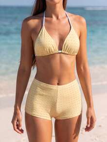 Conjunto de bikini 2026 de verano para mujer con parte superior de triángulo con copas y estampado de cuadros en color amarillo claro, calzones clásicos retro elegantes con estampado de cuadros, conjunto de 2 piezas con decoración de cuentas de colores lindos, adecuado para la playa, vacaciones, fotografía en la playa - Multicolor - Ver 4