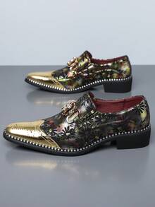 1 đôi giày Brogue mũi nhọn nam, có khóa kim loại, chất liệu da PU, đế cao su, kiểu dáng xỏ chân, gót phẳng, phù hợp cho công sở và đi chơi hàng ngày. - Vàng - Xem 2