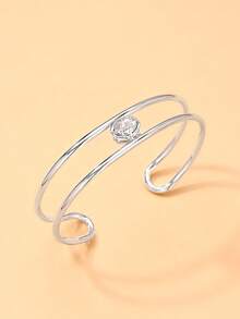 STONEFANS 1 chiếc vòng tay hai lớp tối giản màu bạc với đá tròn đính kèm, vòng tay hở thanh lịch dành cho nữ, trang sức đeo hàng ngày và dự tiệc. - Bạc - Xem 2