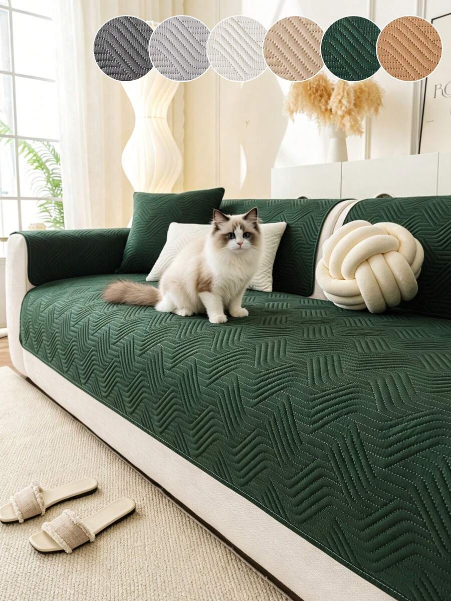 1pc Cat/Dog Sofa Cushion, Ultrasonic Crafted, Scratch-Resistant, Anti-Slip, Solid Color Geometric Pattern, Washable Pet Mat For All Seasons - Green - View 1