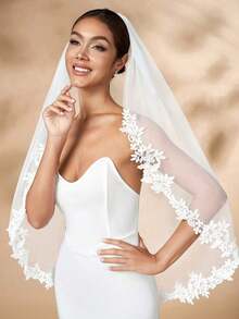 1pc Lace Ivory Short Soft Tulle Bridal Veil Fall Clothes For Women - 白色 - 查看 2