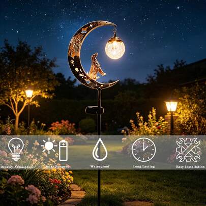 Lámpara de jardín solar, decoración de jardín exterior con estilo de perro y luna - Lámpara de piso decorativa de metal resistente al agua, adecuada para patio, jardín, hogar, boda y fiesta