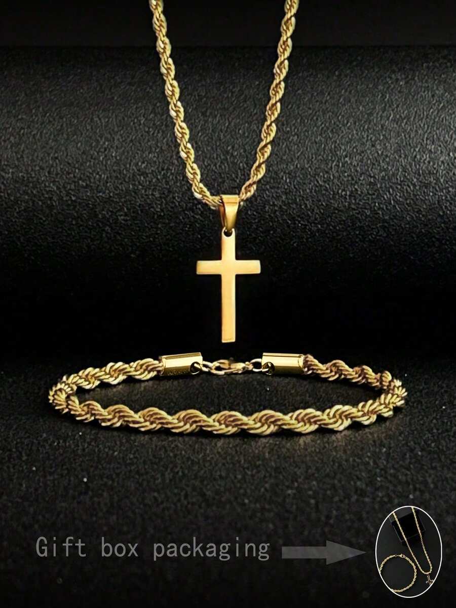 2pcs Vintage Unisex Twisted Stainless Steel Necklace & Bracelet Set, Gift For Father's Day, Christmas, New Year, Valentine's Day - Twist Necklace and Bracelet Set - View 1