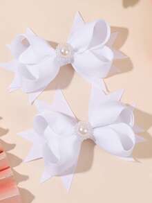 2pcs Solid-Color Bow Hair Clips For Girls: White With Faux Pearl Accents. Perfect For Everyday Casual Wear, Birthday Parties, Preppy Styles, Back-To-School Day, And The Back-To-School Season - White - View 3