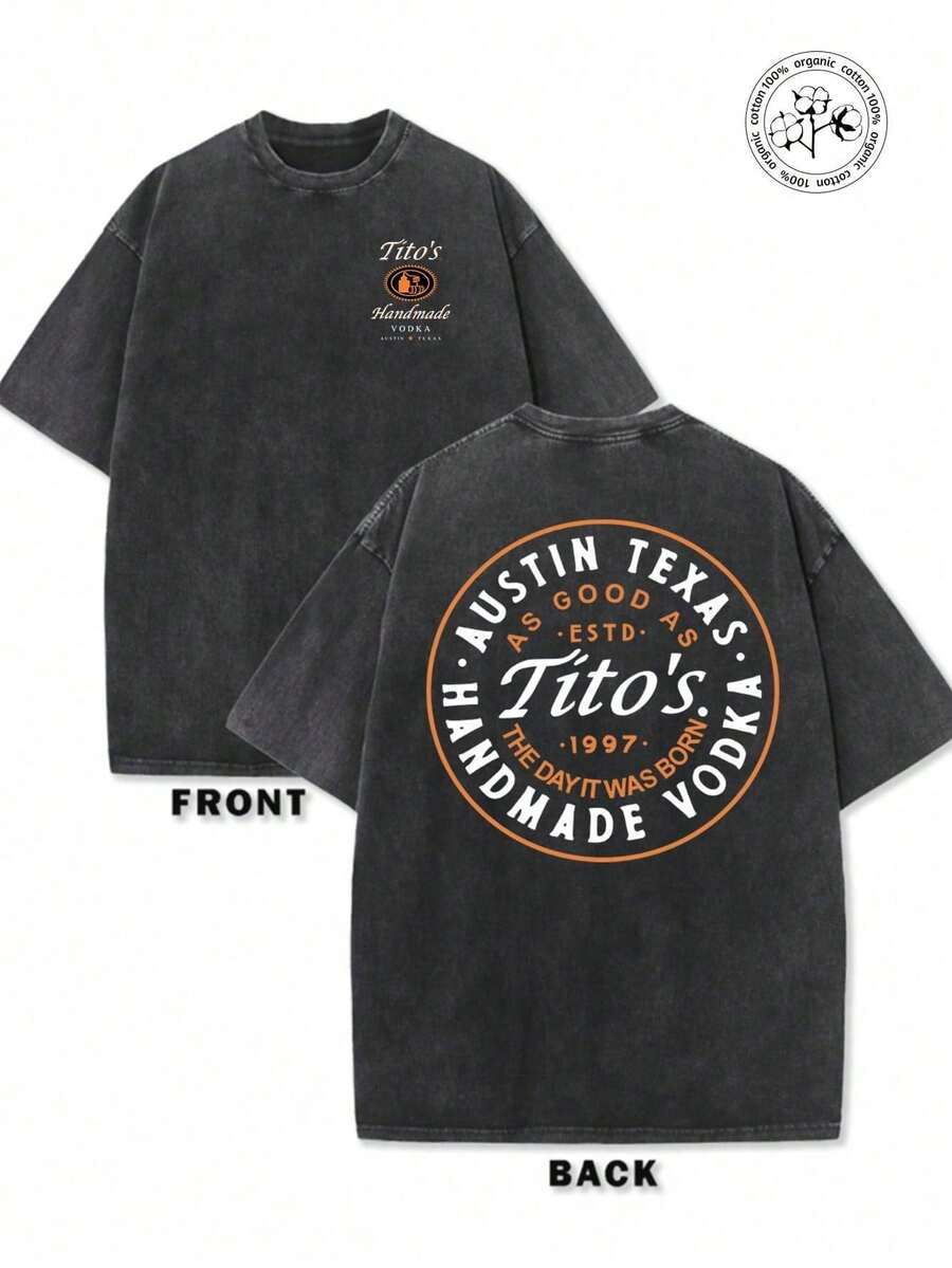 2026 Summer Premium Unisex Tee  Washed And Used T-Shirt, Front Tito's Handmade Vodka Logo, Back With "AUSTIN TEXAS Tito's HANDMADE Vodka" Circular Text And Brand Logo, Tito's Vodka Themegraphic Tees Women Camisetas Para Hombre - 黑色 - 查看 1