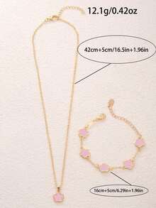 2pcs/Set, 1pc Pendant Necklace + 1pc Bracelet, Fashionable Luxury Personalized Minimalist Gold Star Flower Oval Jewelry Set, Suitable As Girlfriend, Wedding, Graduation, Date Gift - 粉色 - 查看 5