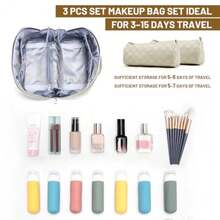 BOYATU - Bolsa organizadora de maquillaje de viaje bolsa de cosméticos: juego de 3 bolsas de maquillaje para mujeres con asa bolsas de aseo de piel vegano bolsa esencial de viaje con compartimentos - 01DBeige - Ver 5