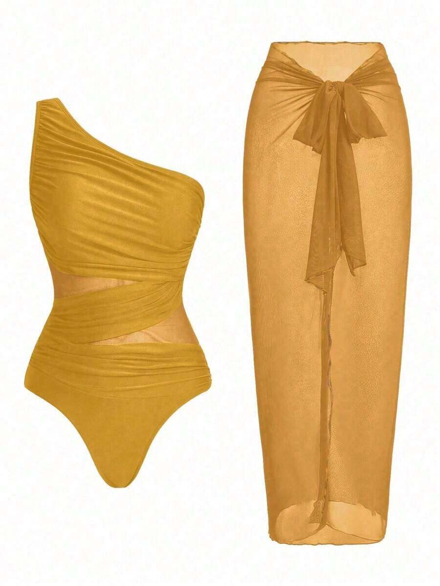 Traje de baño de una pieza para mujer para playa piscina vacaciones semana santa brunch y salidas a la playa, diseño de hombro único con drapeado y tul transparente que resalta la silueta color marrón sólido tela elástica de secado rápido apto para verano y temporadas cálidas - Amarillo - Ver 1